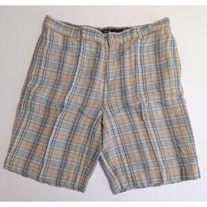 Tommy Bahama Relax Mens 38 Plaid Linen Shorts Blue Brown Tropical Summer Casual